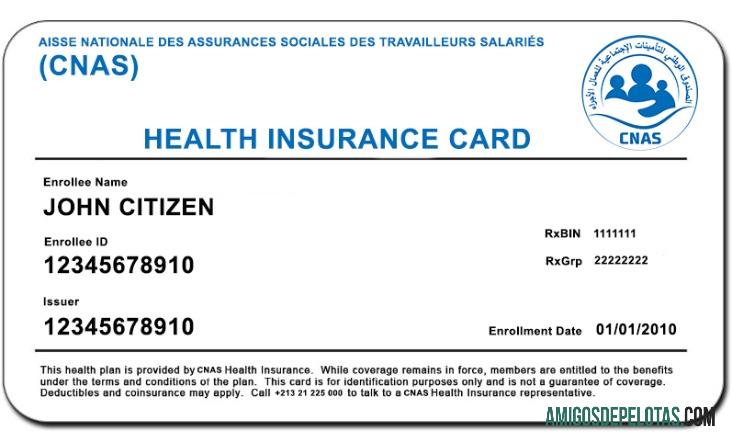 Cartão de seguro saúde CNAS da Argélia amostra